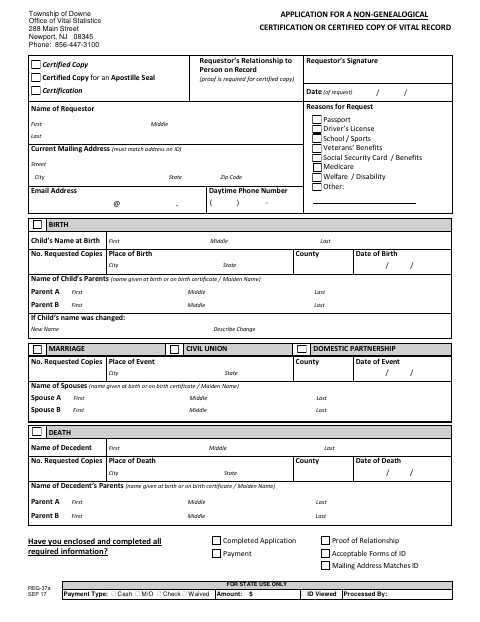 First page of the Application for a Non-Genealogical Vital Record Copy