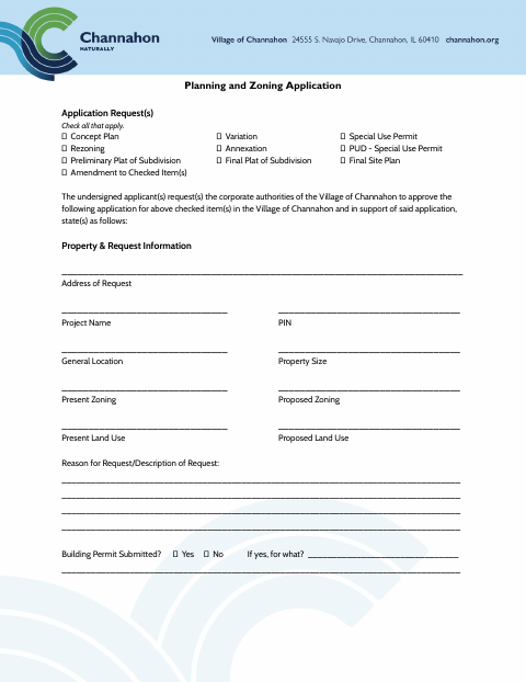 First page of the Planning and Zoning Application and Special Use Permit Supplement