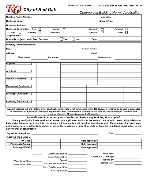 First page of the Commercial Building Permit Application