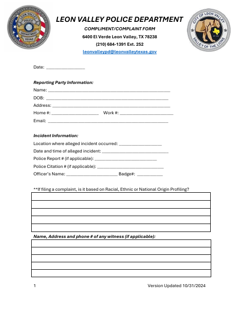 First page of the Police Compliment/Complaint Form