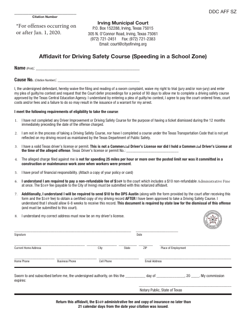 First page of the Affidavit for Driving Safety Course (Speeding in a School Zone)