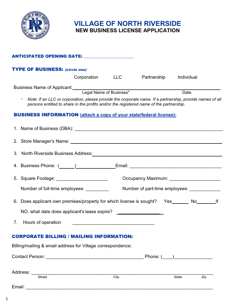 First page of the Business License Application—New Business