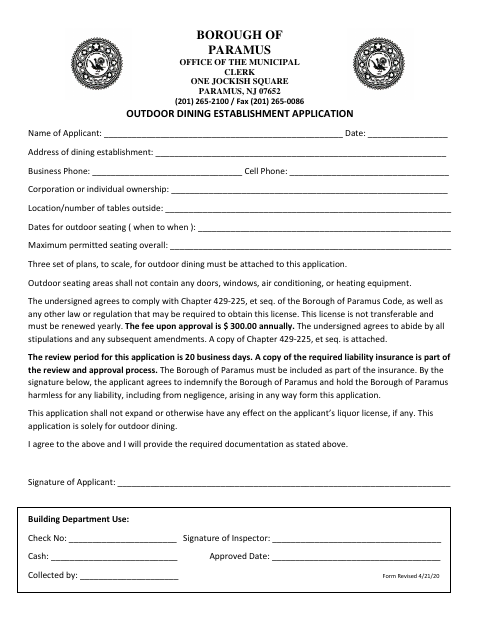 First page of the Outdoor Dining Establishment Application