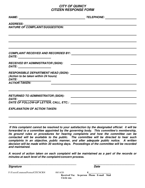 First page of the Citizen Response Form