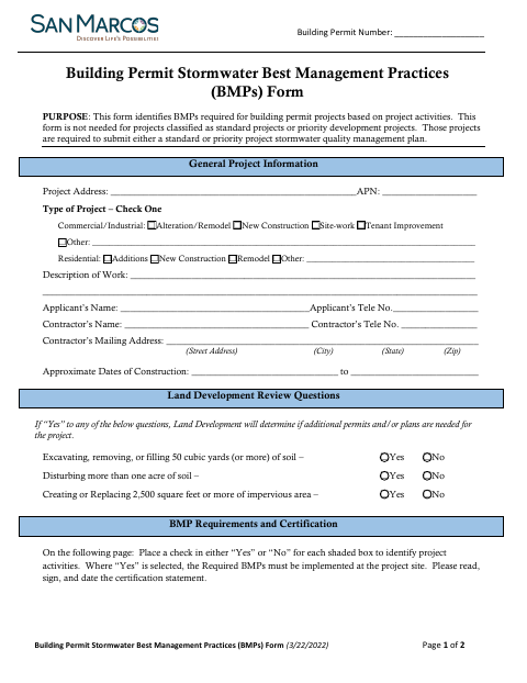 First page of the Building Permit Stormwater Best Management Practices (BMPs) Form