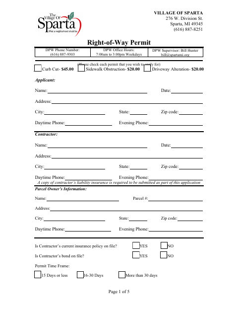 First page of the Right-of-Way Permit