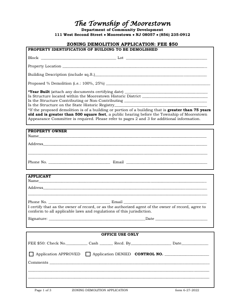 First page of the Zoning Demolition Application