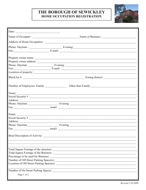 First page of the Home Occupation Registration