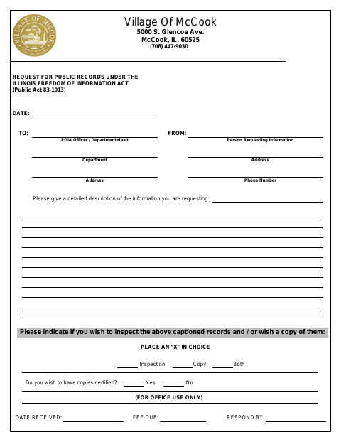 First page of the Request for Public Records Under the Illinois Freedom of Information Act