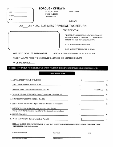First page of the Business Privilege Tax Return
