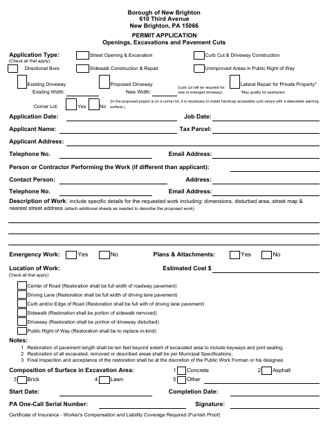 First page of the Street Opening Permit Application