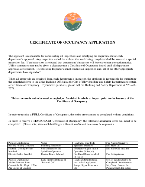 First page of the Certificate of Occupancy Application