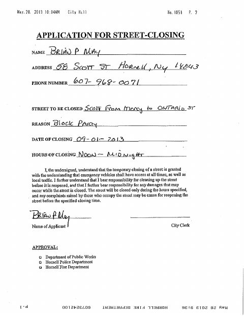 First page of the Street Closing Request