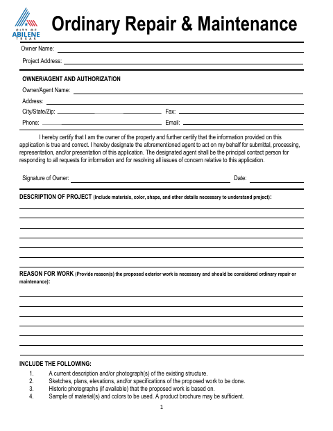 First page of the Ordinary Repair and Maintenance Application