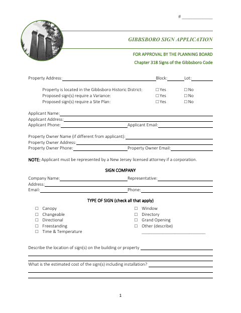 First page of the Sign Application for Approval by the Planning Board