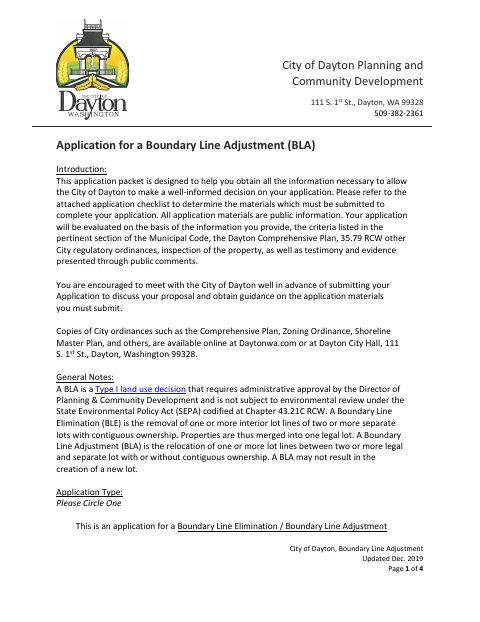First page of the Application for a Boundary Line Adjustment