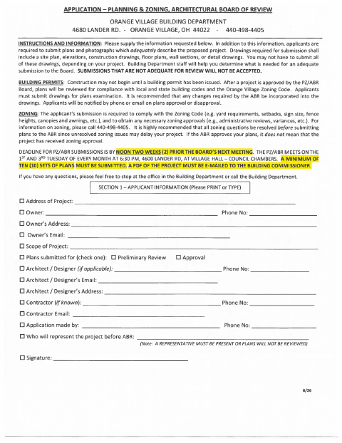First page of the Planning & Zoning Architectural Board of Review Application