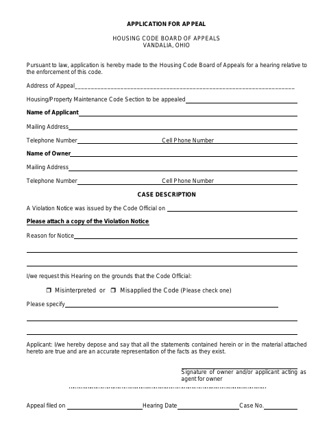 First page of the Housing Code Board of Appeals Application