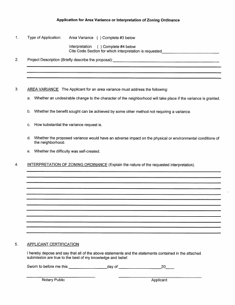 First page of the Application for Area Variance or Zoning Ordinance Interpretation