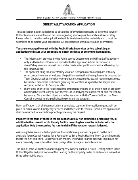 First page of the Street/Alley Vacation Application