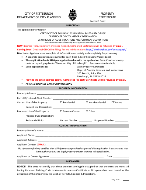 First page of the Property Certificate Request Form