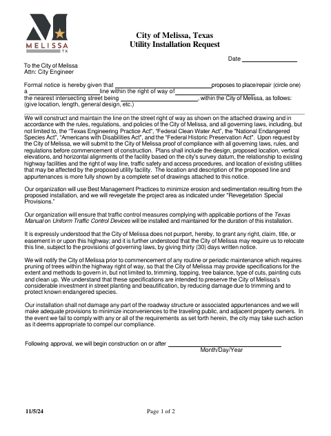 First page of the Utility Installation Request