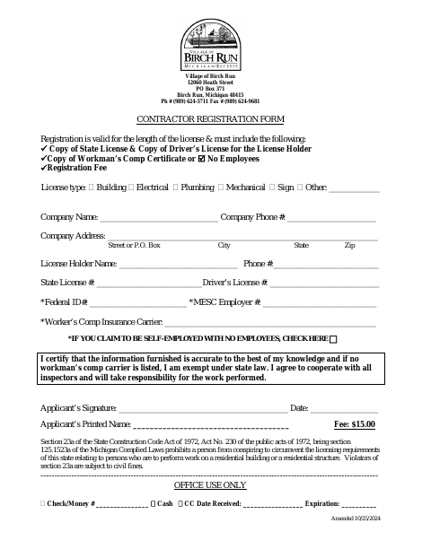 First page of the Contractor Registration Form