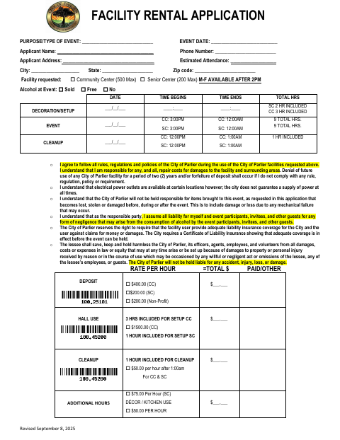 First page of the Facility Rental Application