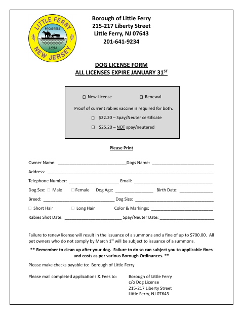 First page of the Dog License Form