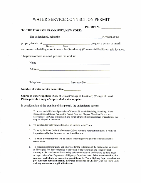 First page of the Water Service Connection Permit