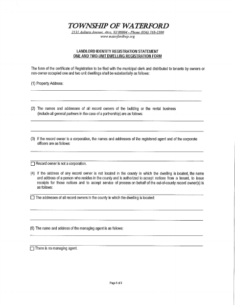 First page of the Landlord Identity Registration Statement for One- and Two-Unit Dwellings