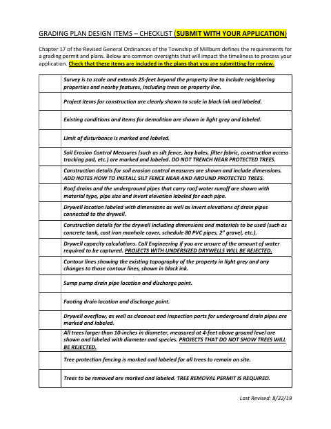 First page of the Grading Plan Design Items Checklist