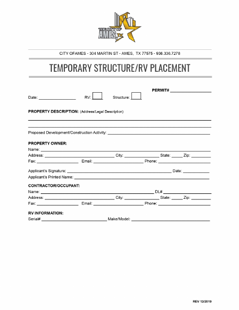 First page of the Temporary Structure/RV Placement Permit
