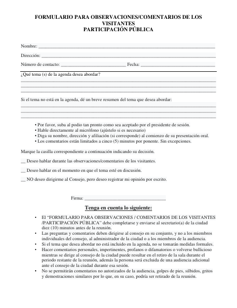 First page of the Public Participation Visitor Comments Form