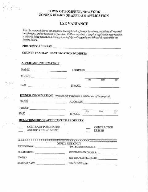 First page of the Zoning Board of Appeals Use Variance Application