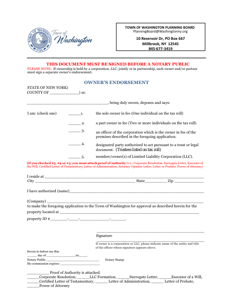First page of the Owner’s Endorsement