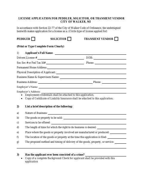 First page of the Peddler, Solicitor, or Transient Vendor License Application