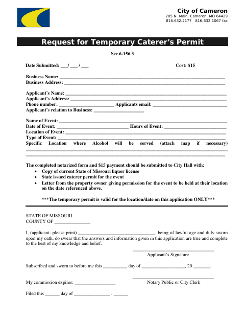 First page of the Request for Temporary Caterer’s Permit