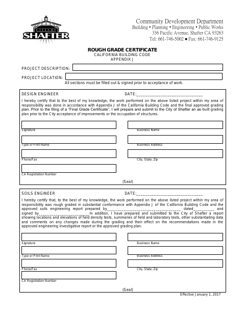 First page of the Rough Grade Certificate