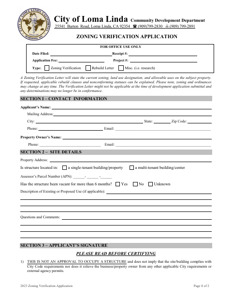 First page of the Zoning Verification & Rebuild Application