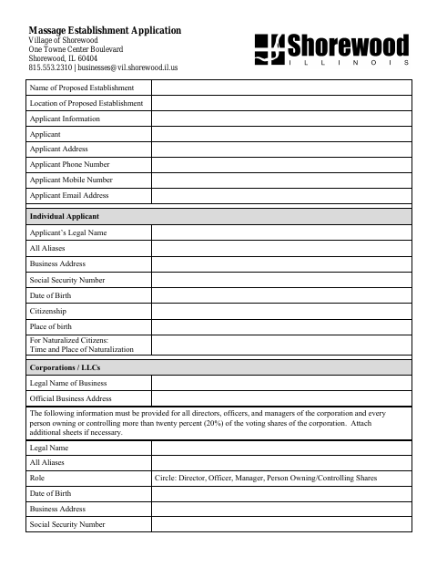 First page of the Massage Establishment License Application