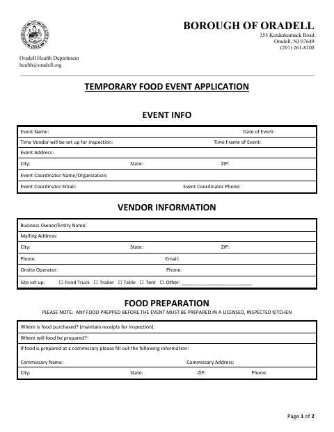 First page of the Temporary Food Event Application