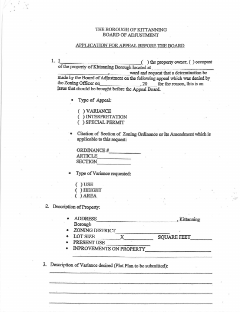 First page of the Zoning Hearing Board Application