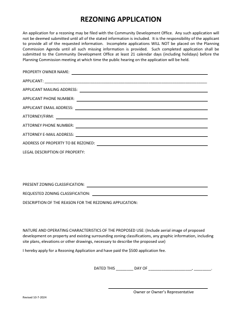 First page of the Rezoning Application and Notice Compliance Affidavits