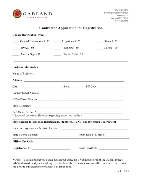 First page of the Contractor Application for Registration