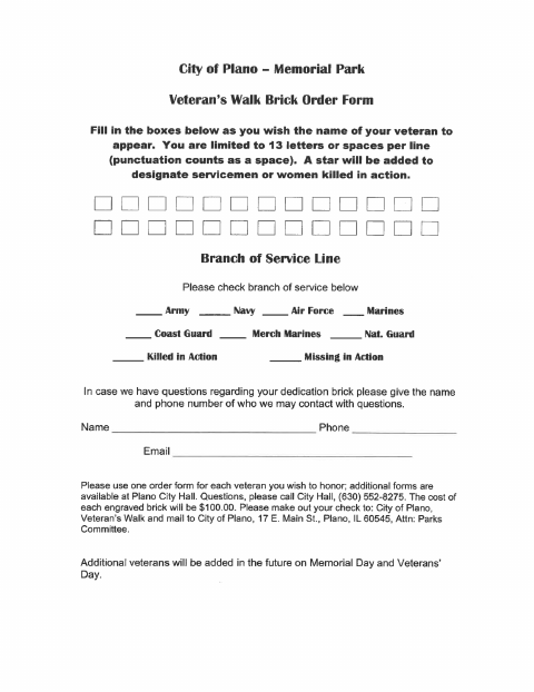 First page of the Memorial Park Veteran’s Walk Brick Order Form