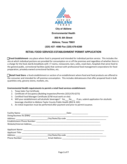 First page of the Retail Food Services Establishment Permit Application