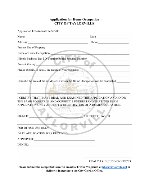 First page of the Application for Home Occupation
