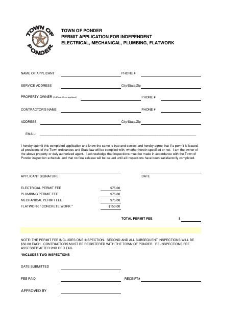 First page of the Permit Application for Independent Electrical, Mechanical, Plumbing, and Flatwork