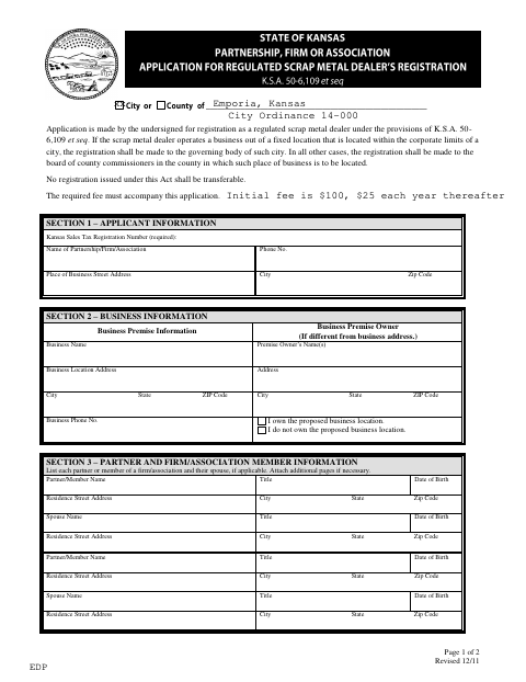 First page of the Firm, Partnership, or Association Scrap Metal Dealer Registration